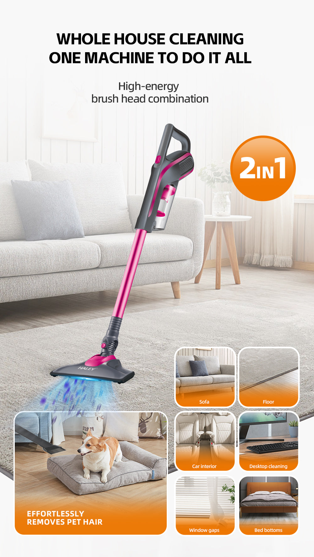 Aspirator HALEY cu băț , Aspirator pentru Covoare, de UZ Casnic, Compact, Puternic si Usor de Utilizat, Roz